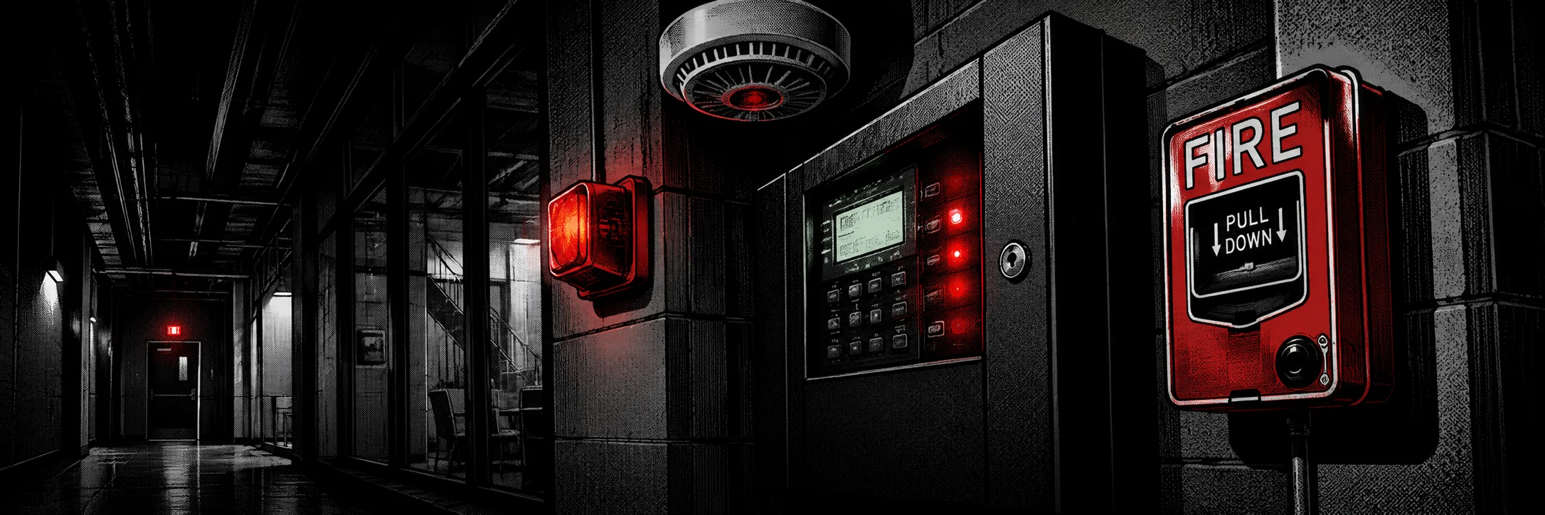 Fire alarm panel in a commercial building at night