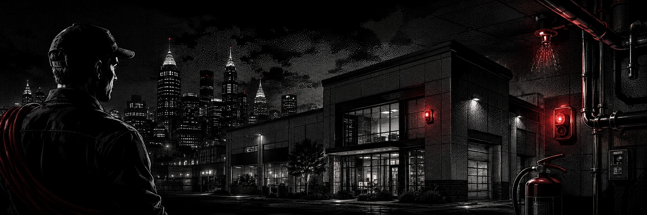 A FirePro technician looking toward a commercial building at night, the Atlanta skyline behind it