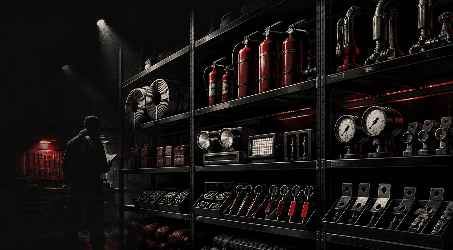 Shelves of fire safety stock in the FirePro store room: extinguishers, emergency light heads, gauges and fittings