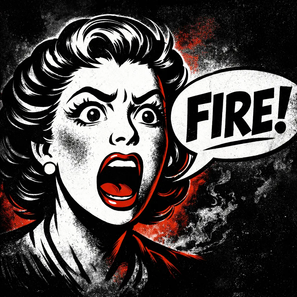 FirePro comic-style illustration of a woman reacting to fire