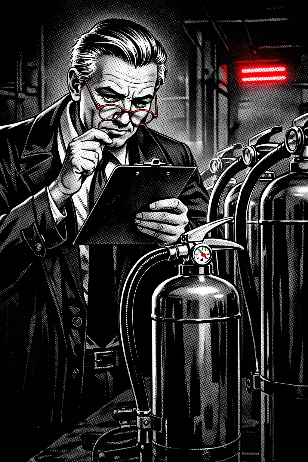 Technician inspecting a commercial fire extinguisher